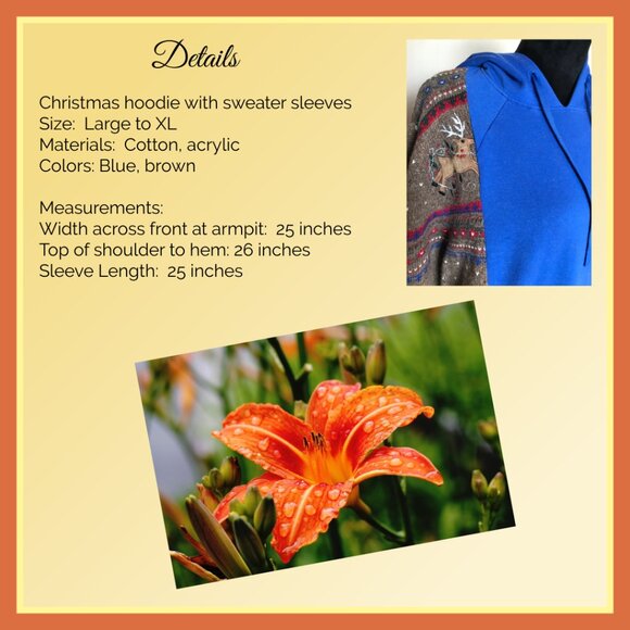 Upcycled Hoodie, Reindeer Sweater Sleeves, L-XL: Christmas Sweatshirt Jacket - Picture 3 of 12